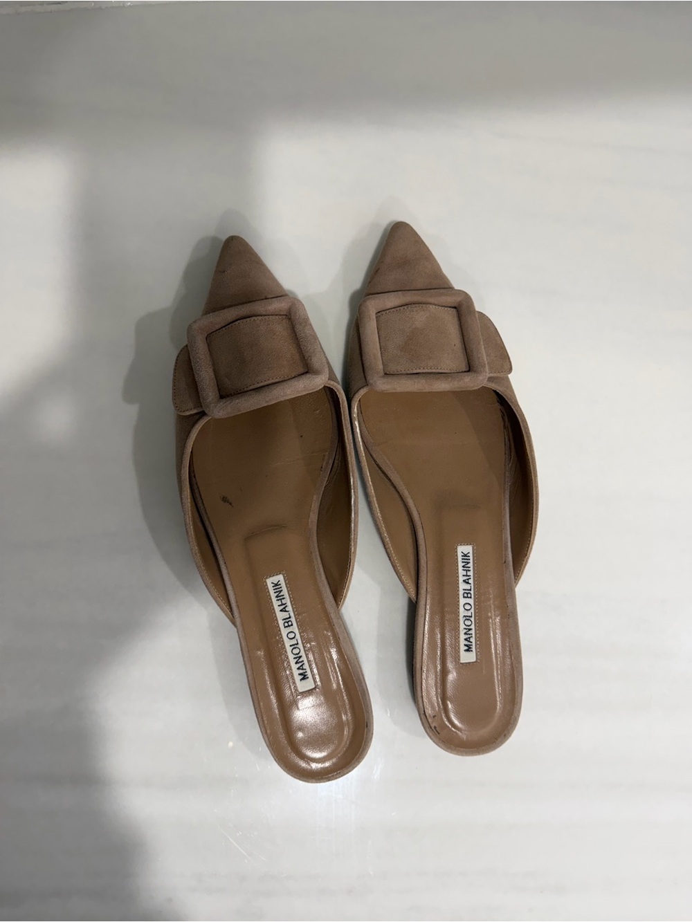 Manolo Blahnik Taupe Suede Pointed Buckle Mules